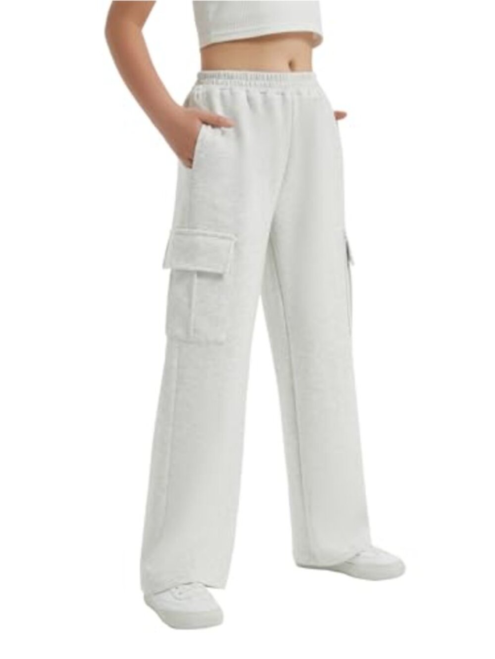 Girls Cargo Wide Leg Sweatpants Elastic Waistband High Waisted 50% Rayon 45%